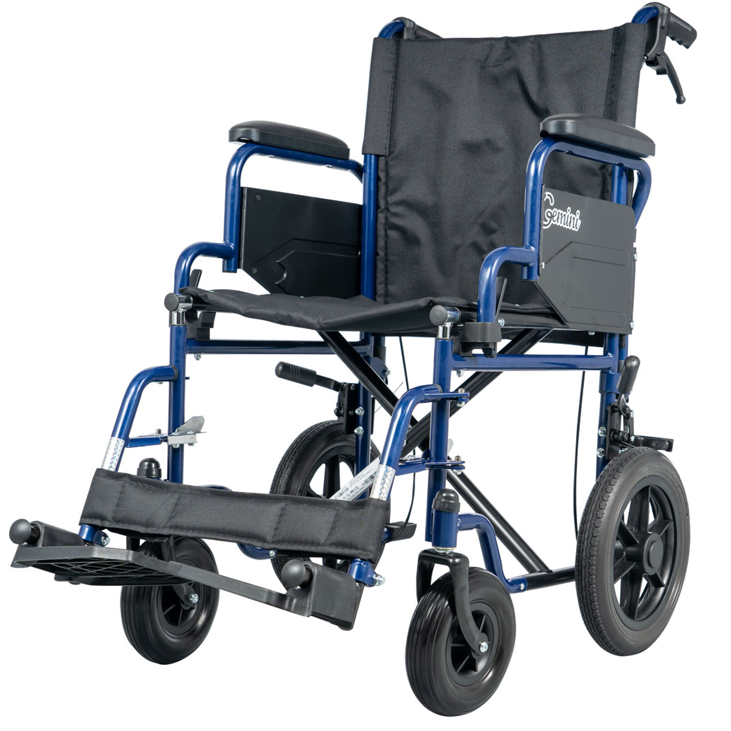 GEMINI BLUE transport kerekesszék, tolókar fékkel 125kg-ig
